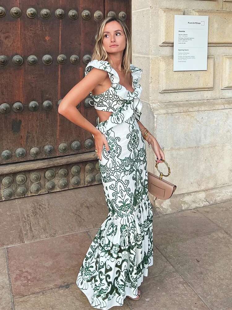 Vintage Flower Embroidery Summer Maxi Dress Women Bakless Tie Up Ruffles Long Beach Vestidos Sexy Tank Party Dresses Sundress