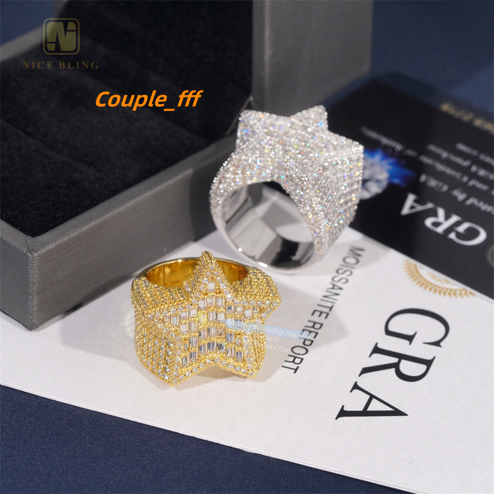 New Arrival Moissanite Hip Hop Men Ring Sterling Silver 925 Gold Plated Iced Out Baguette Moissanite Star Ring for Men