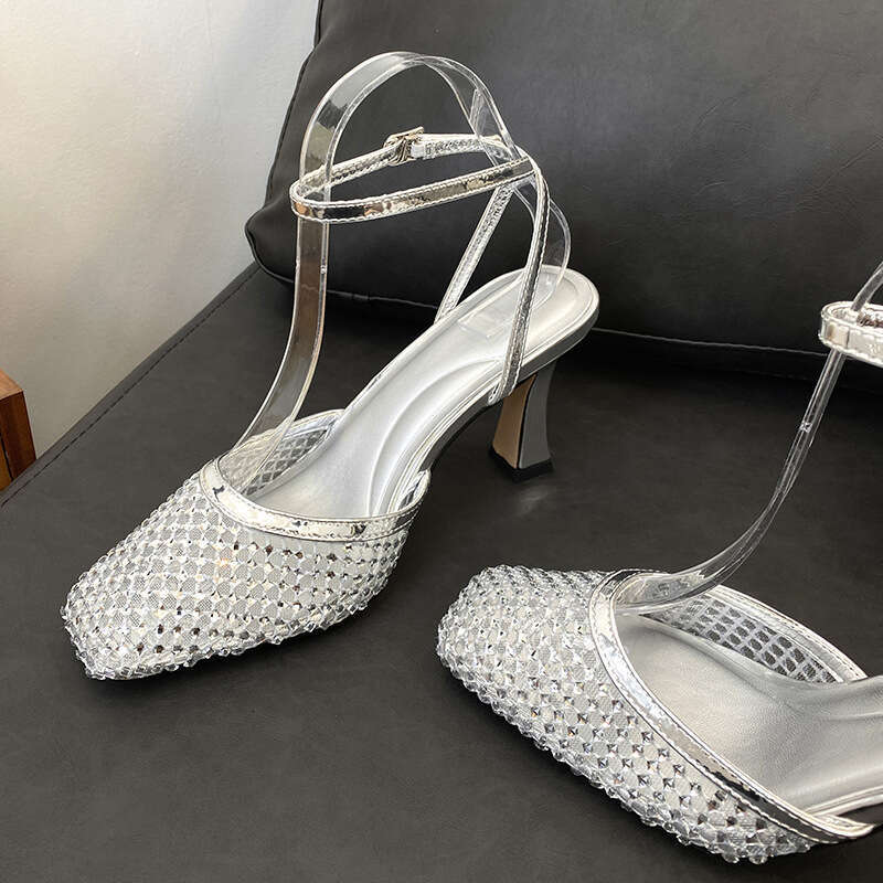 Woman Sandals French Rhinestone Mesh Wrapped Sandals For Women Summer Fashion New Sexy High Heels With Skirt