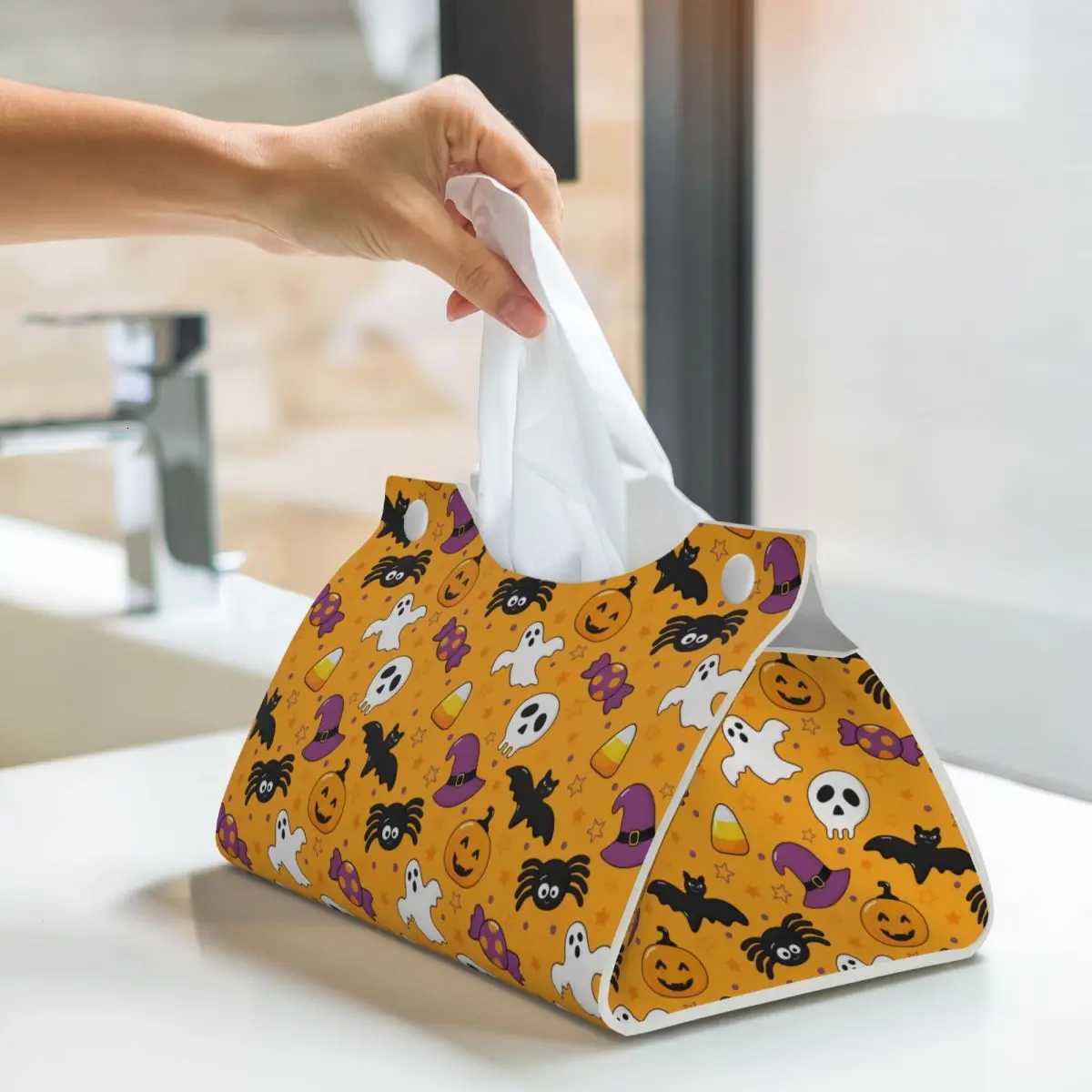 Custom Halloween Pumpkins Ghosts Bats Skulls Tissue Box Cover for Bathroom Home Rectangular PU Leather Facial Tissue Box HolderM251124