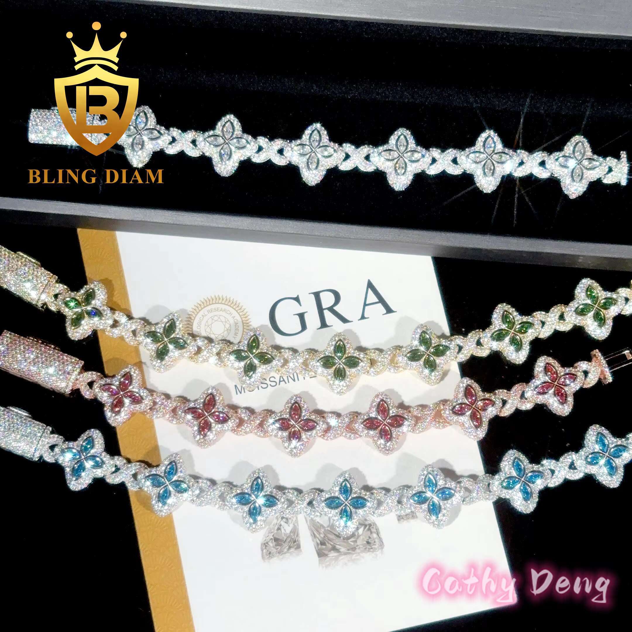 925 Silver Hip Hop Jewelry Marquise Cut Flower Moissanite Cuban Link Chain Bracelet for Men and Women Pass Diamond Test