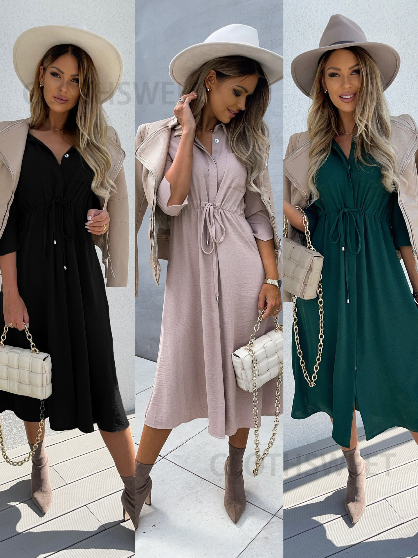 2021 new fashion bandage waist closing middle sleeve dress for women