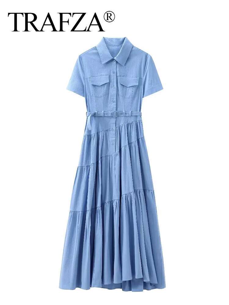 TRAFZA 2024 Female Elegant Long Dresses Solid Turn-Down Collar Short Sleeves Belt Single Breasted Women New Chic Summer Dress
