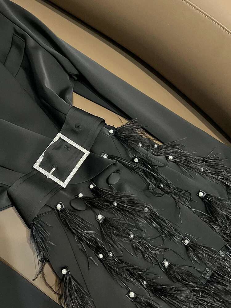 TWOTWINSTYLE Solid Temperament For Women Lapel Long Sleeve Patchwork Feathers Sashes Slimming Dresses Female Kdr516133