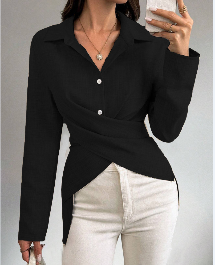 2024 Autumn Simple Fashion Versatile Waist Collection Solid Color Shirt Womens Wear