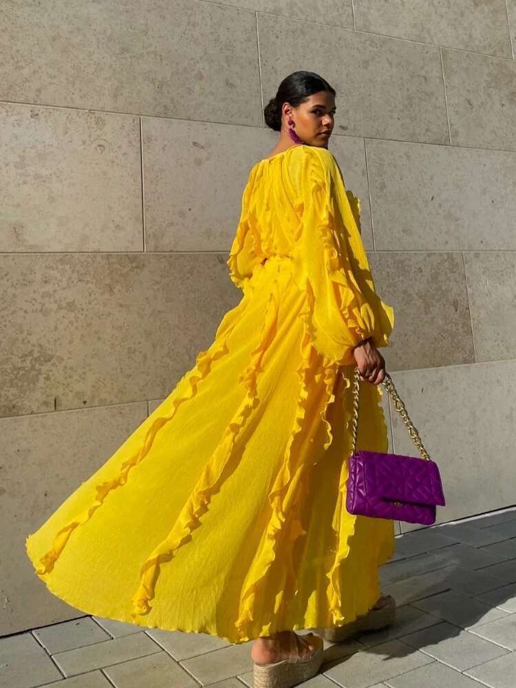 Autumn/Winter New Elegant Round Neck Lantern Sleeve Tie Rope Maxi Sun Dress Women's Solid Color Hundred Fold Evening Dresses