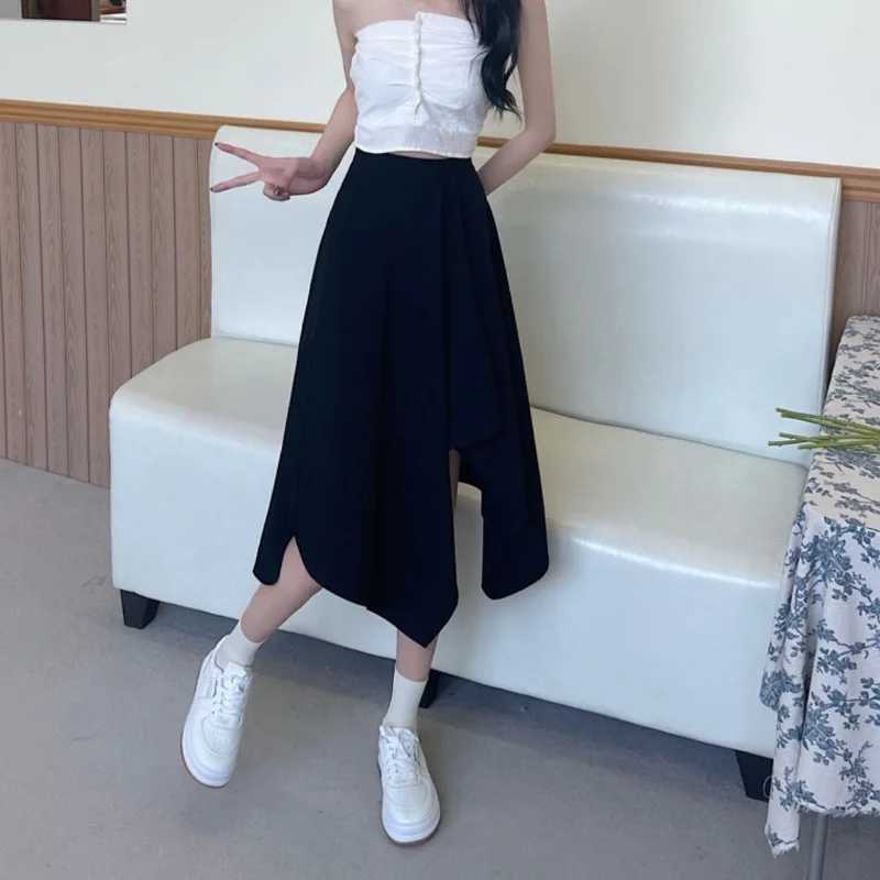 Black irregular leather womens spring and summer high waist thin medium long umbrella dress plus size bottom retro Y2k dress M250424