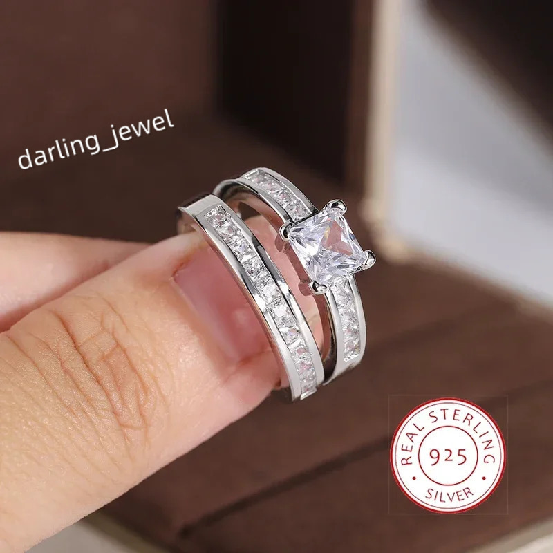 925 Sterling Silver Double Row Zircon Micro Inlaid Style Wedding Diamond Ring Set Ring Zircon For Couple Ring