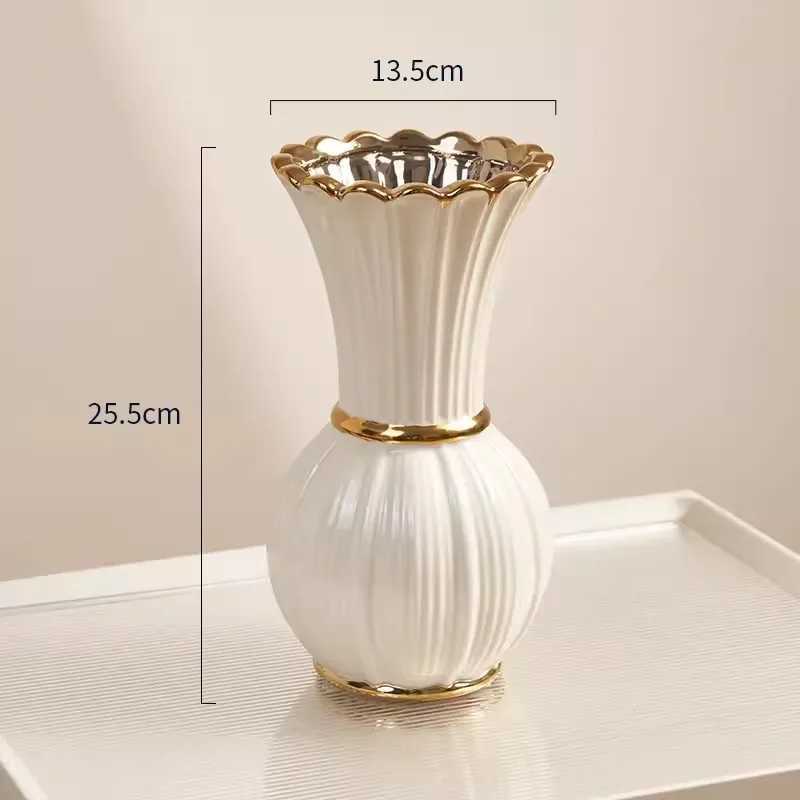 White gold painted cream style ceramic vase with advanced sense of water-based rose flower arrangement retro French style livin C251124