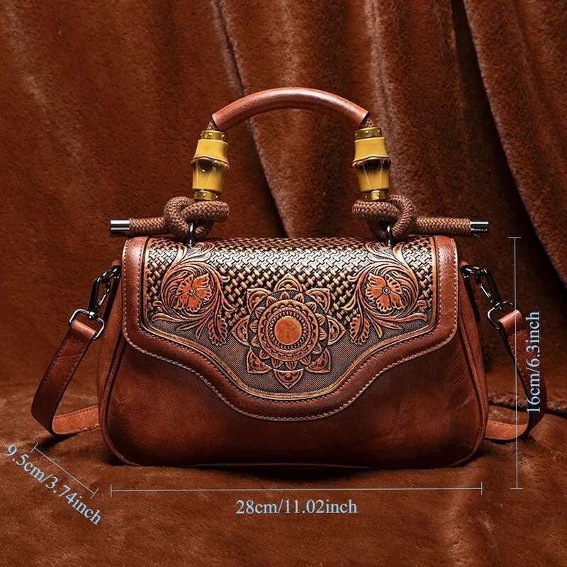 MOTAORA 2025 New Vintage Leather Women's Handbag Bamboo Handle Flap Zip Closure Adjustable Strap | Handmade 3D Eming