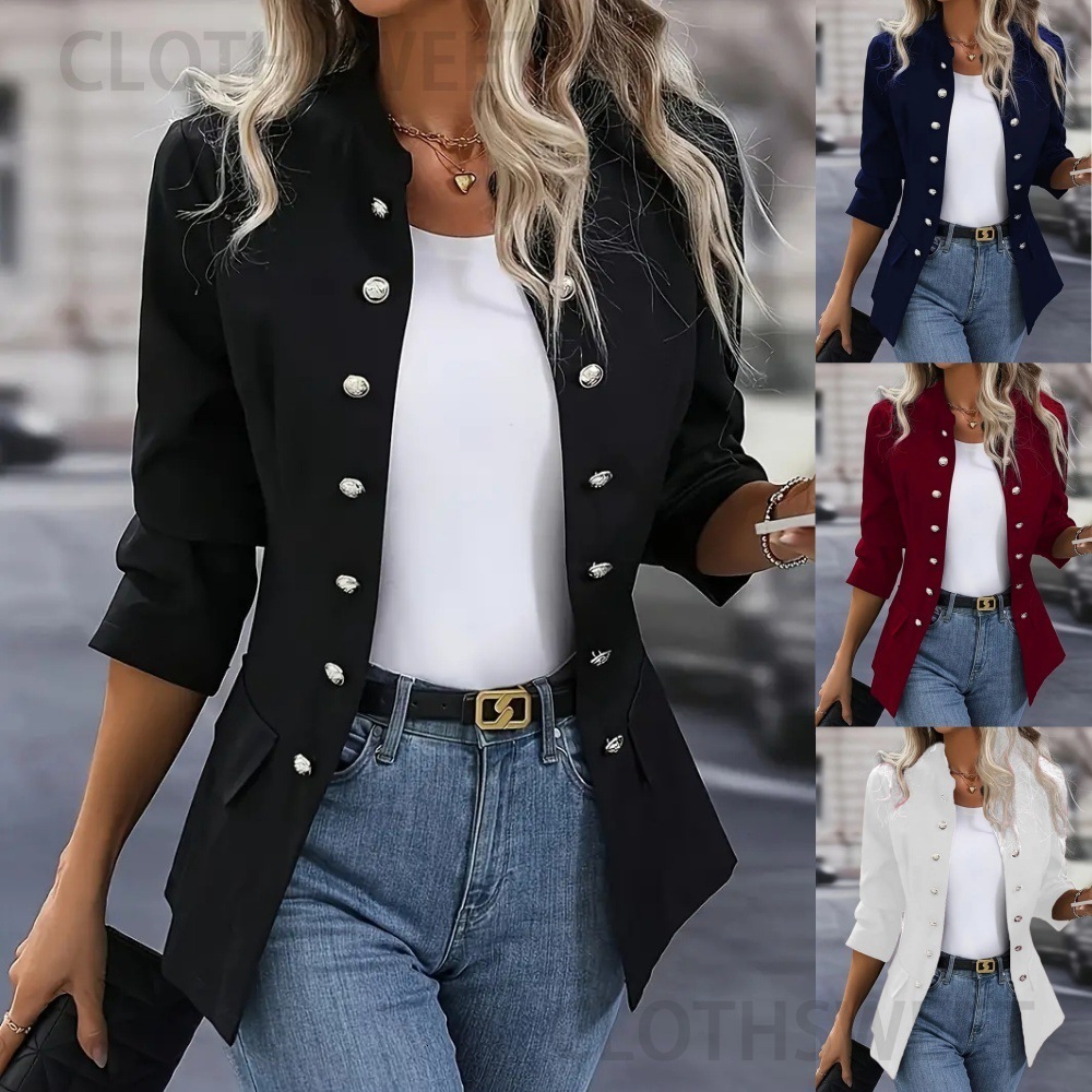 2024 winter fashion solid color stand up collar double breasted cardigan jacket for women