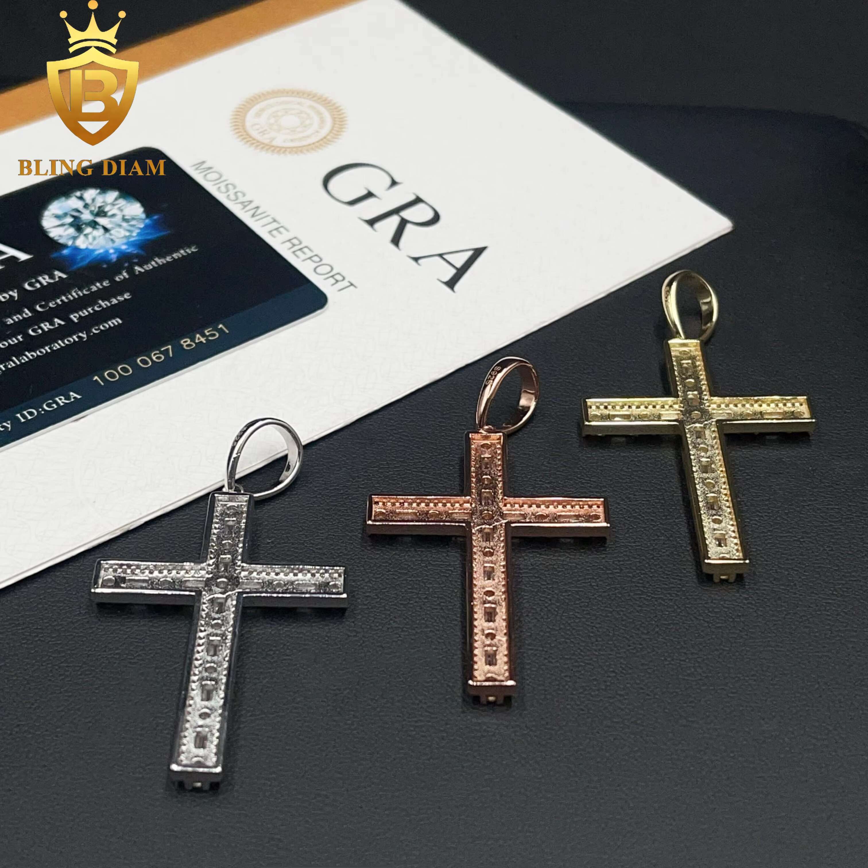 New Custom Hip Hop Jewelry VVS Moissanite Diamond Iced Out 925 Silver Cross Pendant Necklace