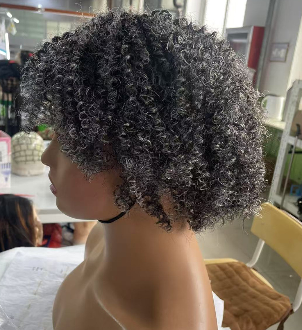 Salt and pepper grey afro kinky hair wigs raw human black mixed grey hair none lace wig short 10inch gray bob style