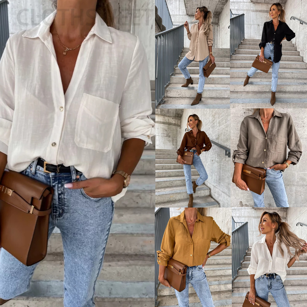 2022 Autumn simple solid color rolled sleeve V-neck button lapel shirt women
