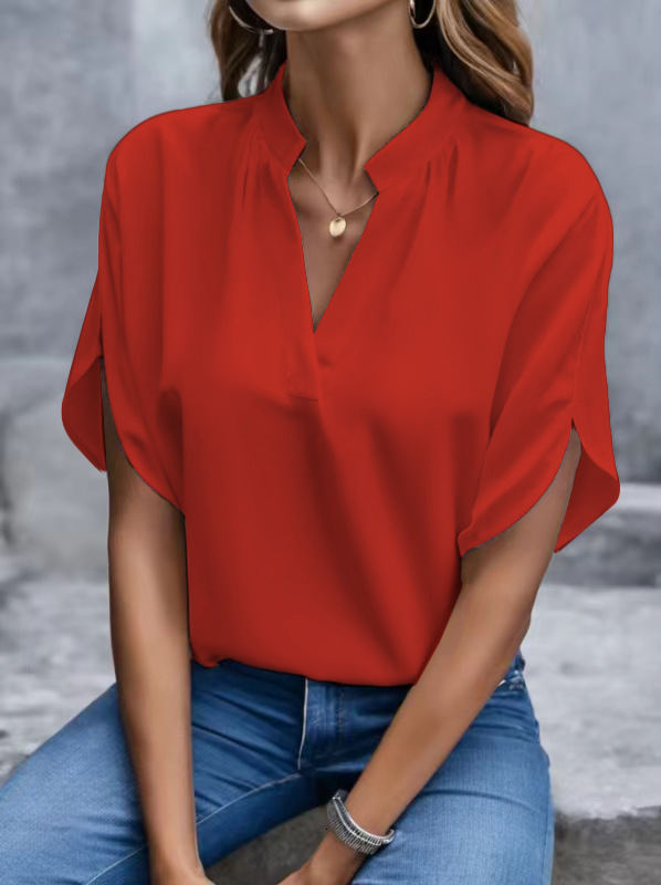 2024 summer simple casual solid color V-neck loose shirt top for women