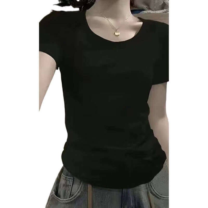 Pure cotton American V-neck shoulder short sleeved T-shirt for women in the summer of 2025, basic with inner lining and college style top