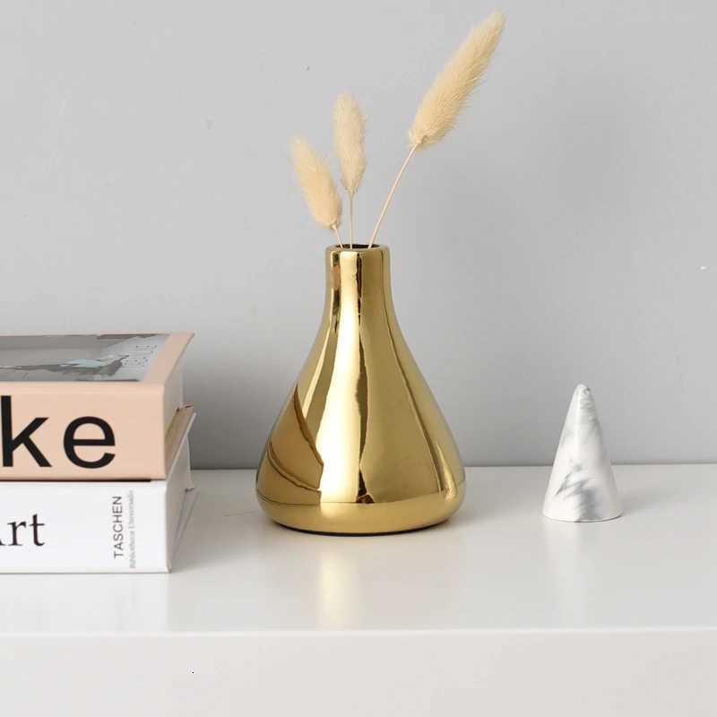 Nordic Home Office Desktop Decoration Light Luxury Plated Gold Vase Dried Flower Vase Ceramic Flower Vase Modern Mini Vase vazen C251124
