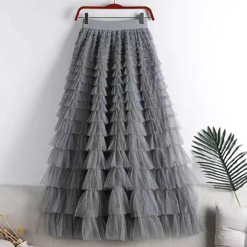 Chamliforve womens chiffon mesh skiing elegant elastic waist fairy long A-line Tutu skiing spring and summer long cake skiing M250424