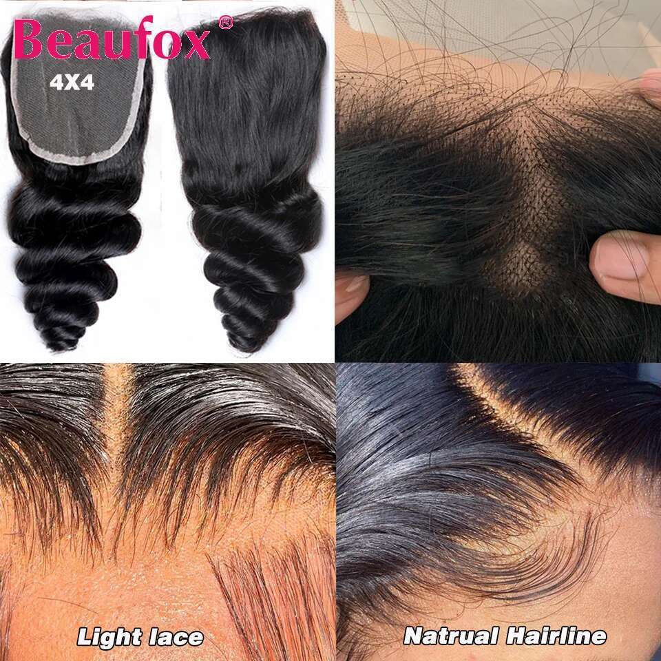 Beaufox Loose Wave Indian Weave 3/4 Bundles With Lace Closure Wavy Human Hair Extensions
