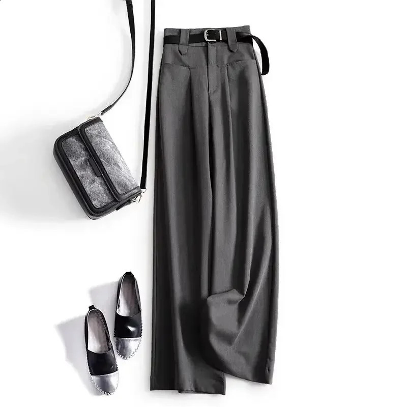 Gray Solid Office Lady High Waist Sashes Loose Straight Womens Pants Ankle-Length Trousers Suit Pants For Women Clothing 2025 250421