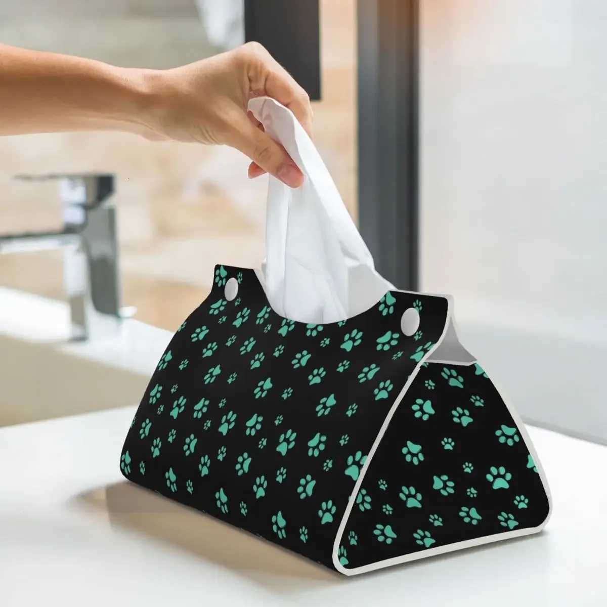 Custom Aqua Dog Paw Print Pattern Cute Tissue Box Cover for Puppy Animal Lover PU Leather Rectangular Facial Tissue Box HolderM251124