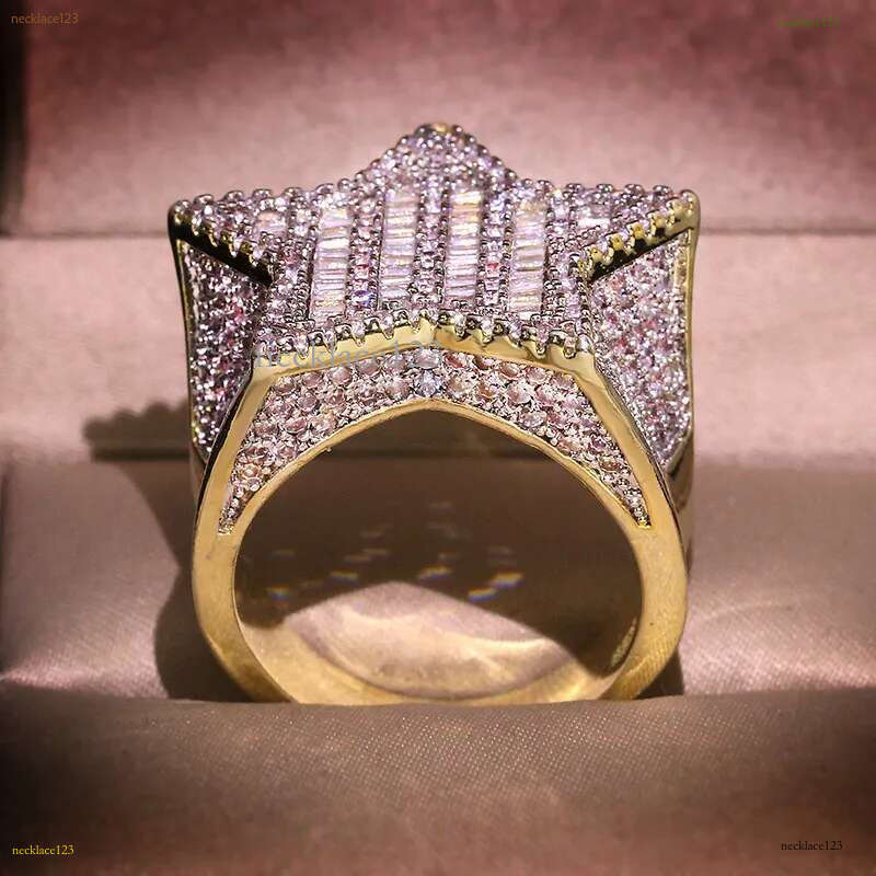 Men's Iced Gold Pentacle Ice Out VVS Moissanite All-Gem Ring Hip Hop Ring Jewelry Free shipping