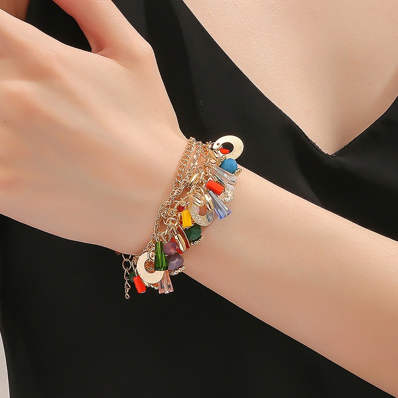 fashionable Bohemian glass crystal mixed color multi-layer beaded chain bracelet women Bohemian beach style bracelet
