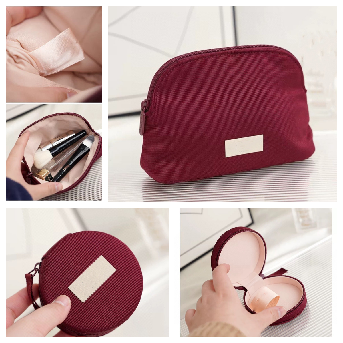 Designer Burgundy Striped Makeup Pouch - Fashionable Shell Shape Cosmetic Bag for Toiletries & Travel