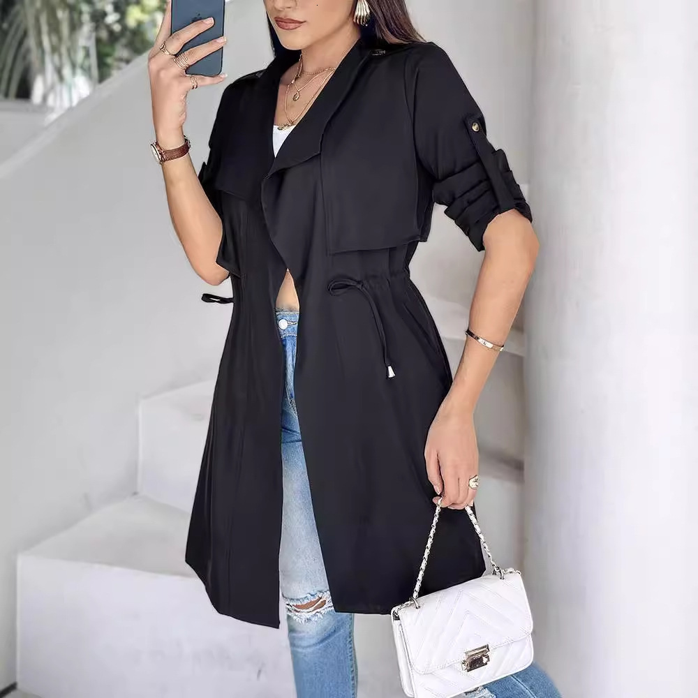 2024 new autumn and winter loose solid color waist cinched sleeve mid length windbreaker jacket womens clothing