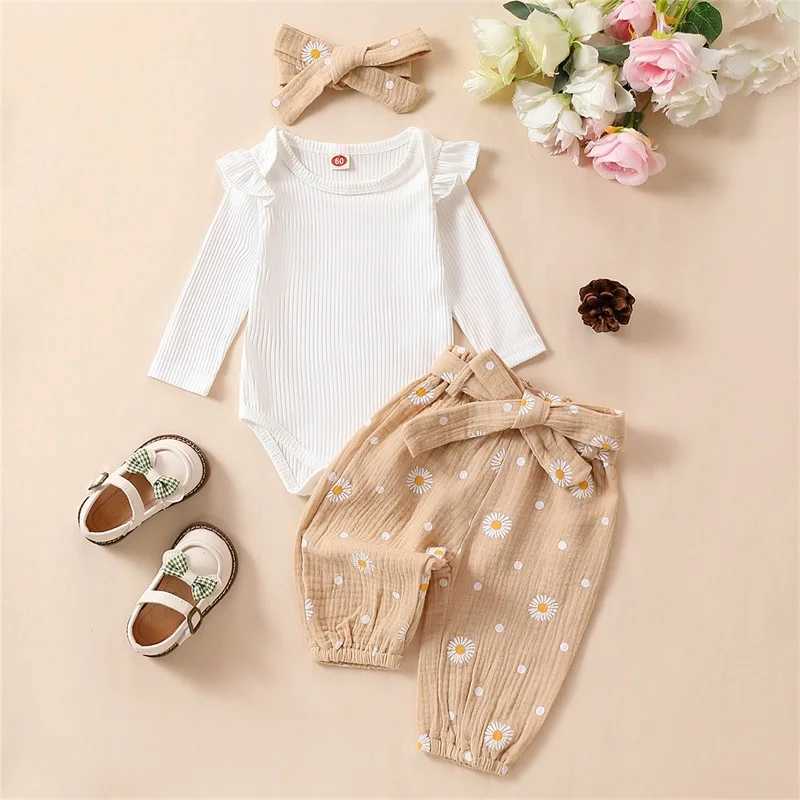 Clothing Sets 2023-11-03 Lioraitiin 0-24M Baby Girl Print Outfit Solid Ribbed Ruffle Romper Long Sleeve Pants Headbands Clothes Set R250424