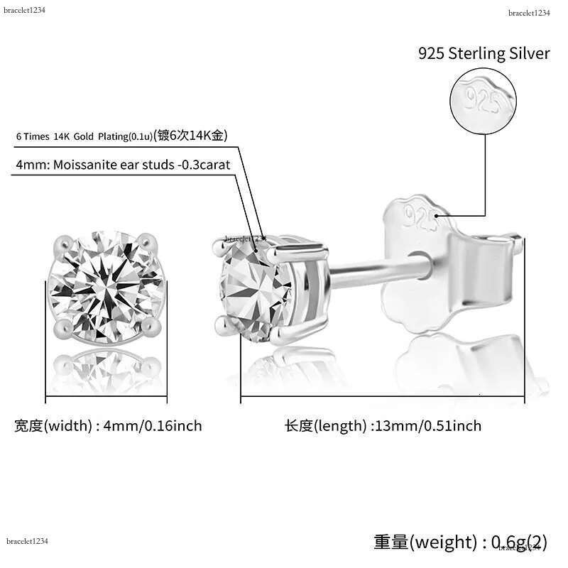 Real Moissanite Earring Studs for Women 0.1-1 Carat D Color 100% Sterg Sier Earrings 2023 Trend Fine Quality Wedding Gold Plated Jewelry Gifts Bijoux