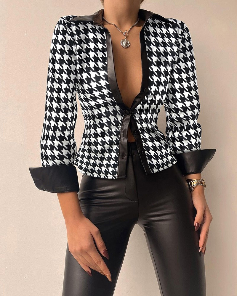 2022 spring long sleeved V-neck PU leather stitched womens shirt