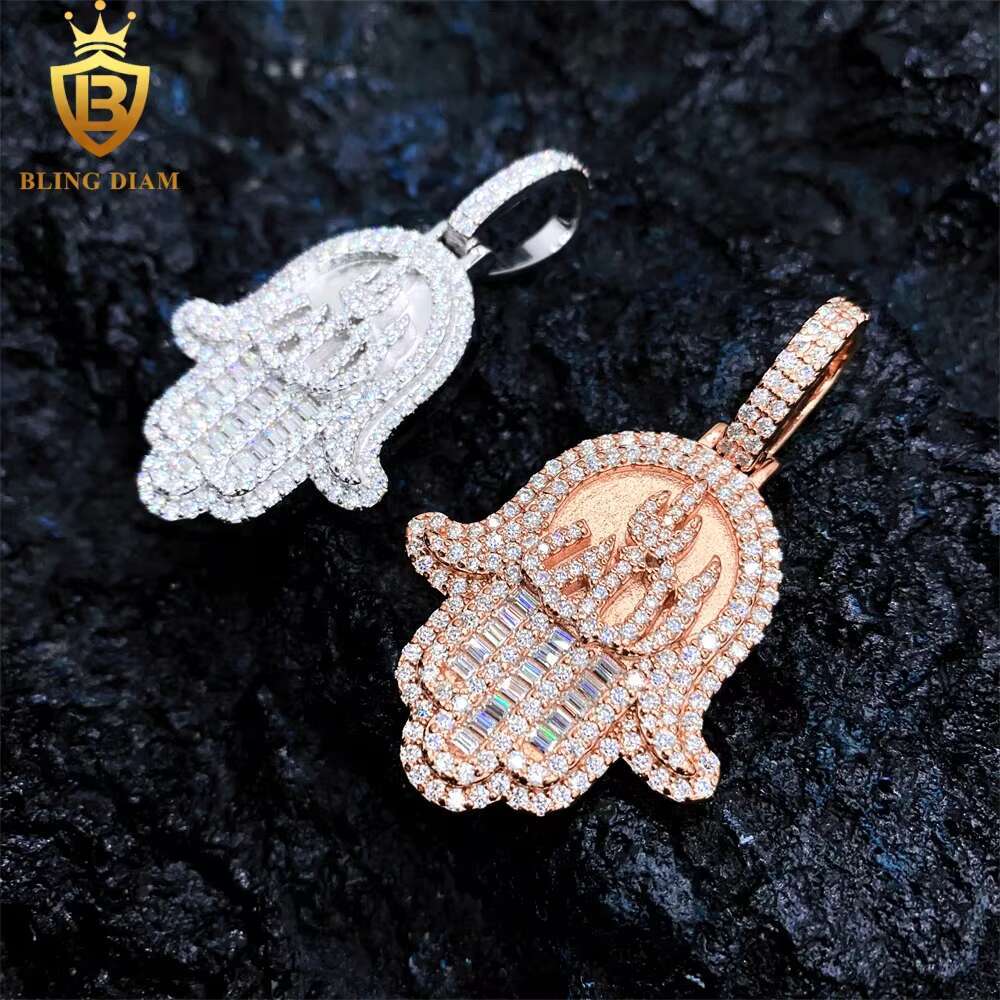 Wholesale Price GRA Certificate Hip Hop Jewelry 925 Sterling Silver Iced Out Moissanite Hamsa Hand Pendant