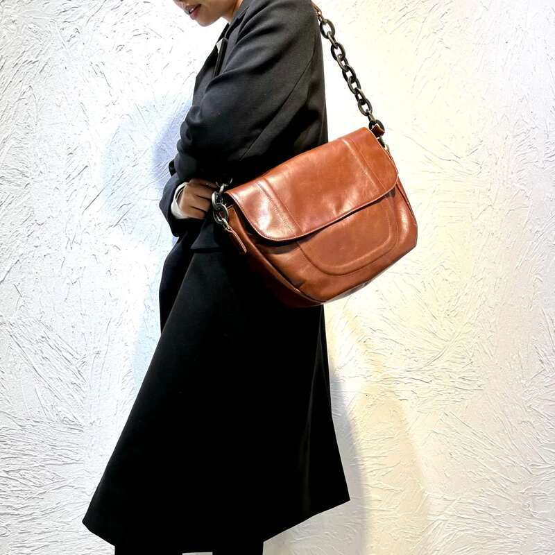 Designer Bag New Genuine Leather Bags Vintage Brown Thick Chain Single Shoulder Crossbody With Large Capacity Stray Bag