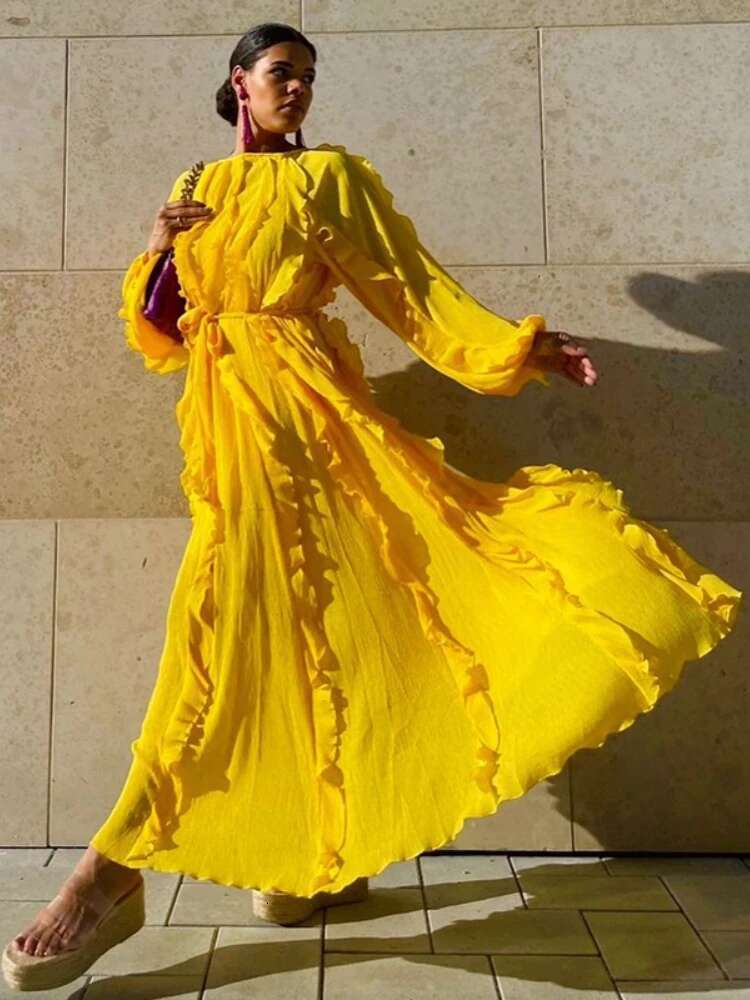 Autumn/Winter New Elegant Round Neck Lantern Sleeve Tie Rope Maxi Sun Dress Women's Solid Color Hundred Fold Evening Dresses