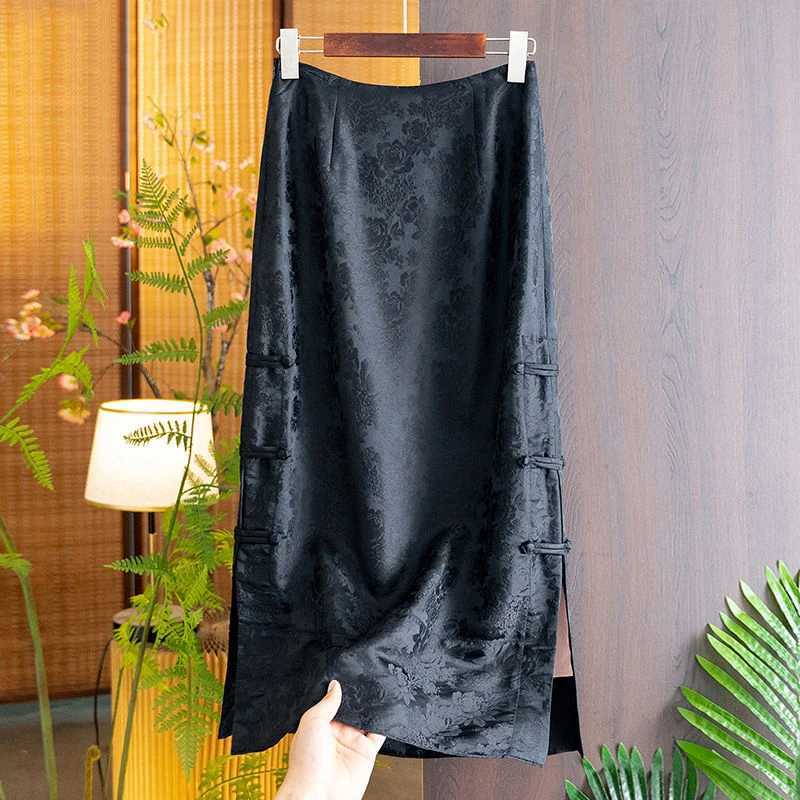 Chinese style womens skiing imitates silk jacquard skiing retro disco elegant buttoned high waisted A-line long skiing M250424