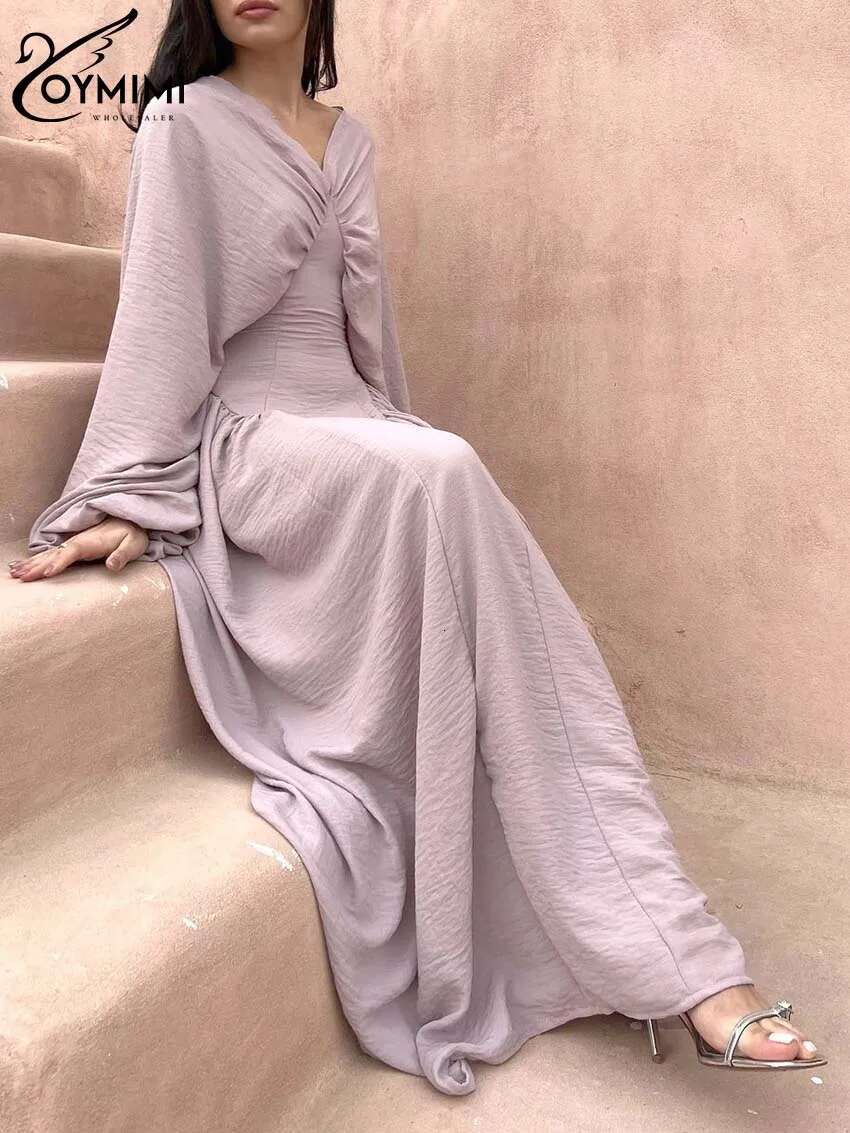 Oymimi Fashion Pink Loose Women's Elegant V-Neck Long Sleeve Solid Dresses Spring Casual Pleated Floor-Length Dress Female