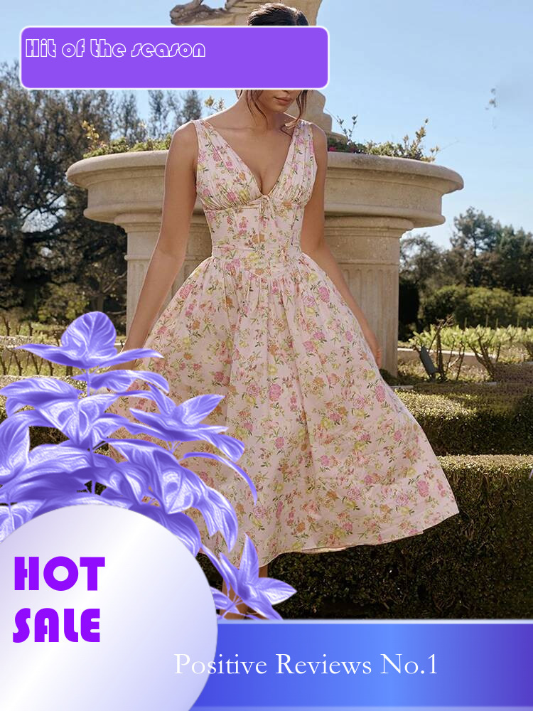 Dongdumaoyi Townlike Waist Wrap Print A Line Dress Women Spaghetti Strap Spring Summer Elegant Midi Long Sexy Party Dresses