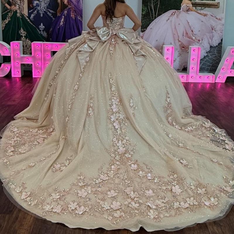 Pink Shiny Princess Quinceanera Dresses Off Shoulder Applique Flower Beads Bow Tull Sweet 16 Dress Ball Gown Vestidos 15 De Anos