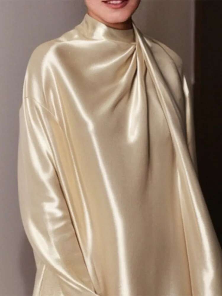 Freeacy 2025 Spring New Women's Long Sleeves Mini High Neck Solid Color Pleated Shiny Party Dress Elegant Evening Dresses