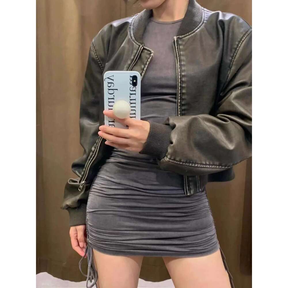 ZVRI Women's New Vintage Imitation Leather Bomber Jacket Coat Top Women's Style