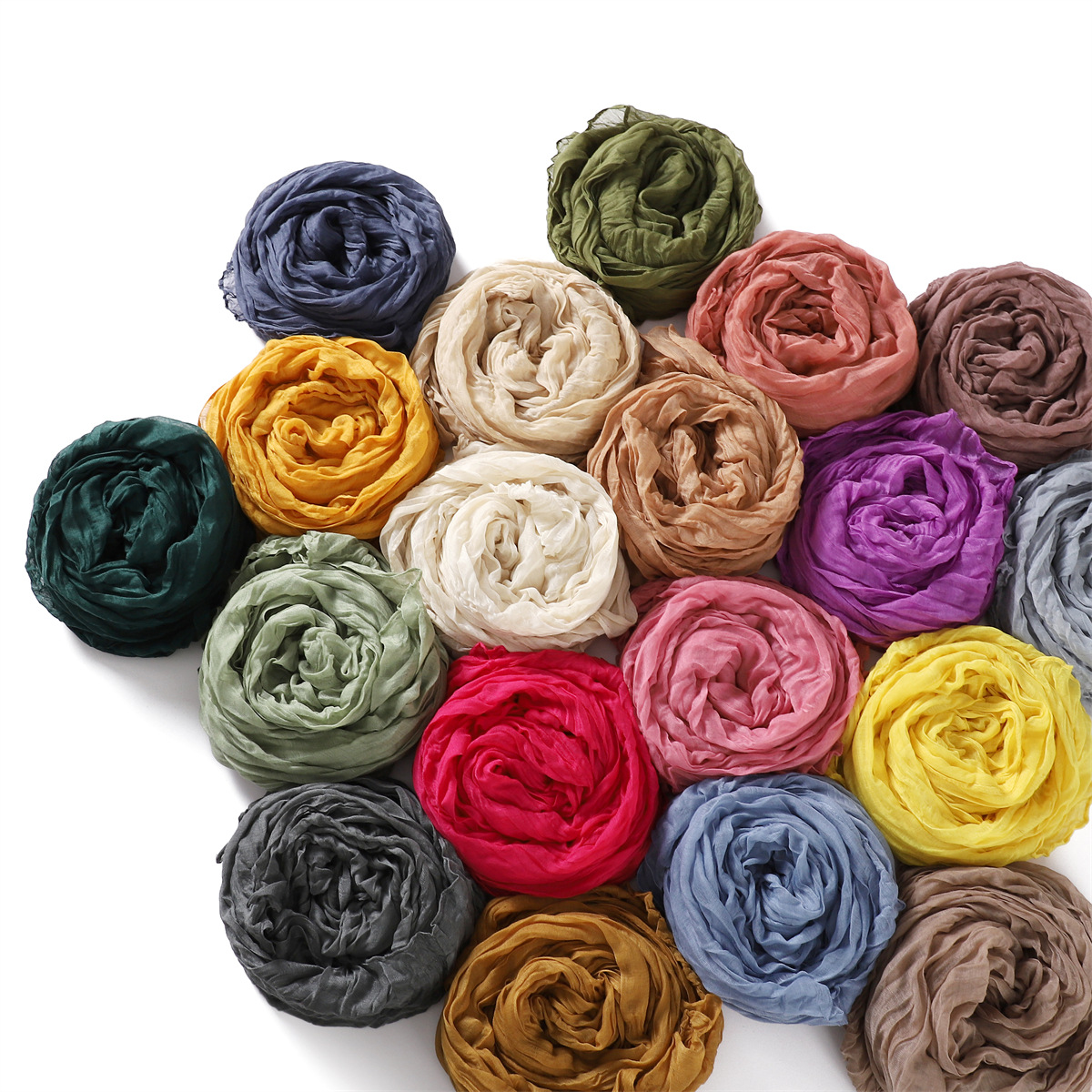 K501 Cross-border spring and autumn pure color Bali yarn twist wrinkled cotton and linen breathable thin scarf female hijab silk scarf spot wholesale