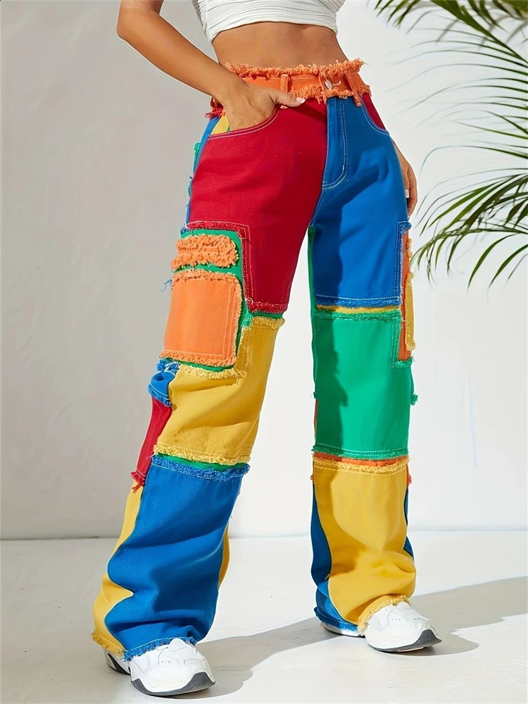 Womens multicolor stitched burr straight jeans cool girls high waisted streetwear fashionable pants denim Trouser 250417