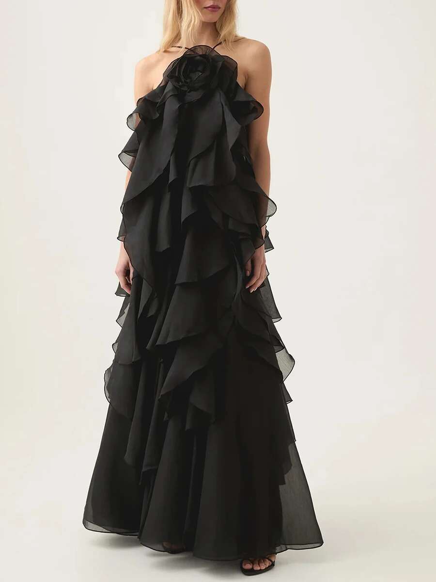 VGH Chic Long Style Women's Loose Dresses With Ruffles Halter Sleeveless Spliced Large Flower Chiffon Dress Female Clothing New