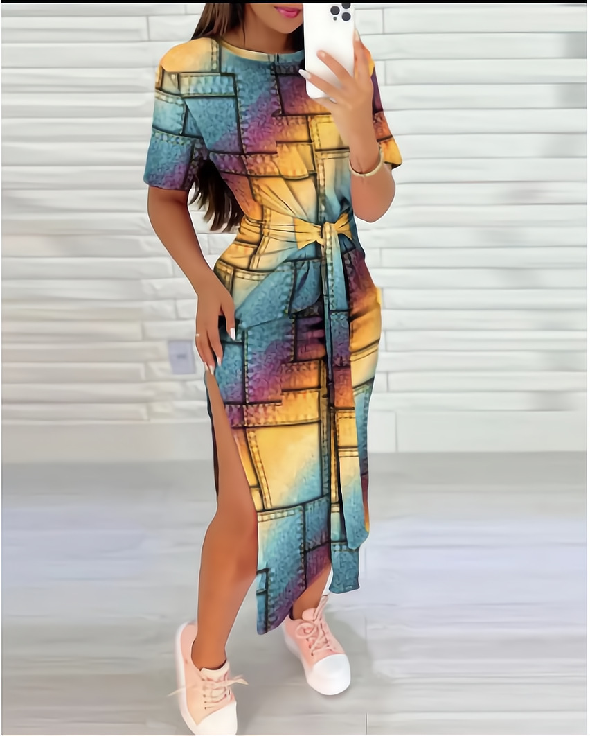2023 Summer Round Neck Geometric Printed Bag Hip Dress for Women