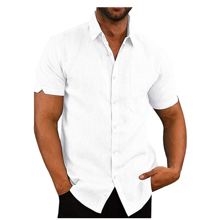 Summer 2019 Lapel solid short sleeve button mens Linen Shirt Mens wear