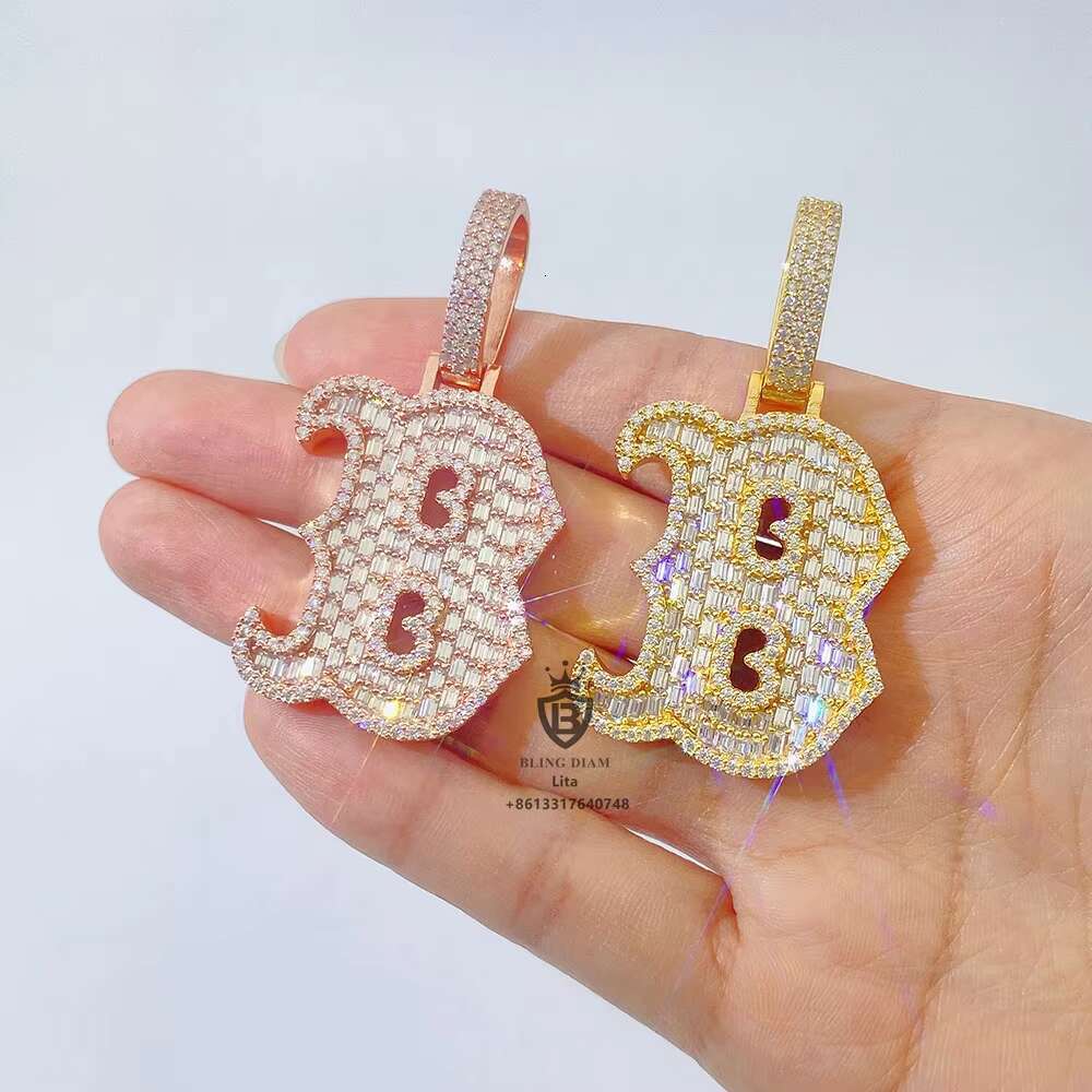 Fine Jewelry Fashion Iced Out baguette Big Letter B Hip Hop Moissanite Diamond Initial Pendant