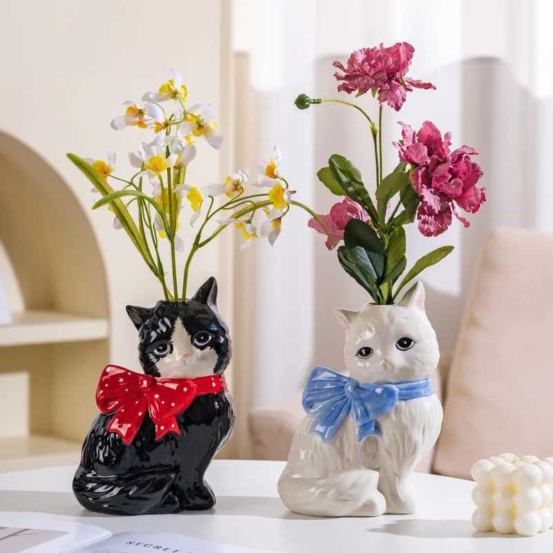 Elegant cat ceramic vase art creative flower arrangement ornament light luxury advanced hydroponics home decoration C251124