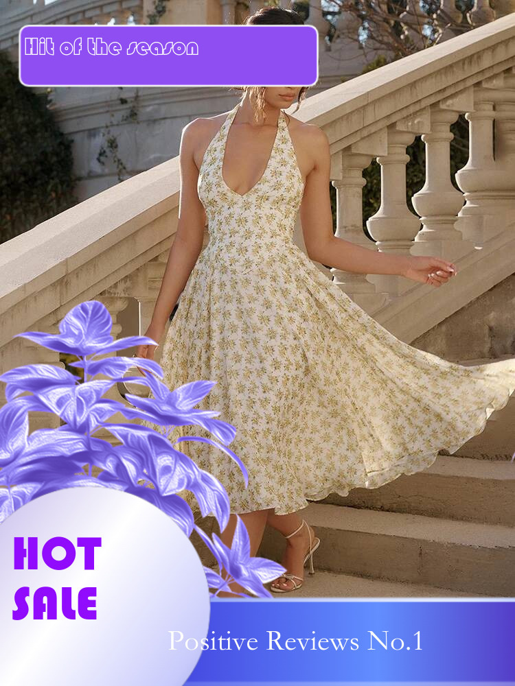 Dongdumaoyi Townlike Waist Wrap Print A Line Elegant Midi Long Dress Women Halter Spring Summer Backless Sexy Party Dresses