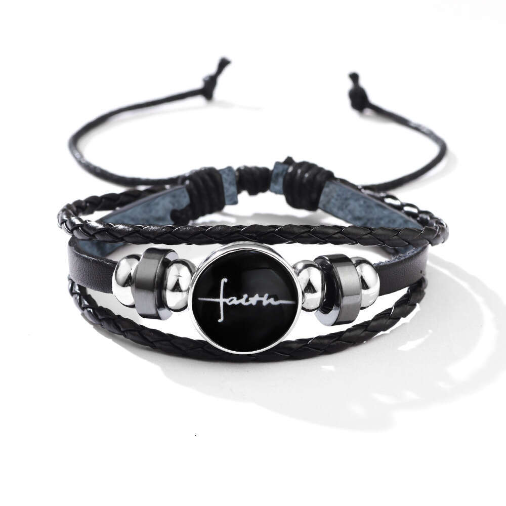 Temu Hot selling Bracelet English Letter Faith Glass Buckle Knitted Leather Bracelet, niche and high-end